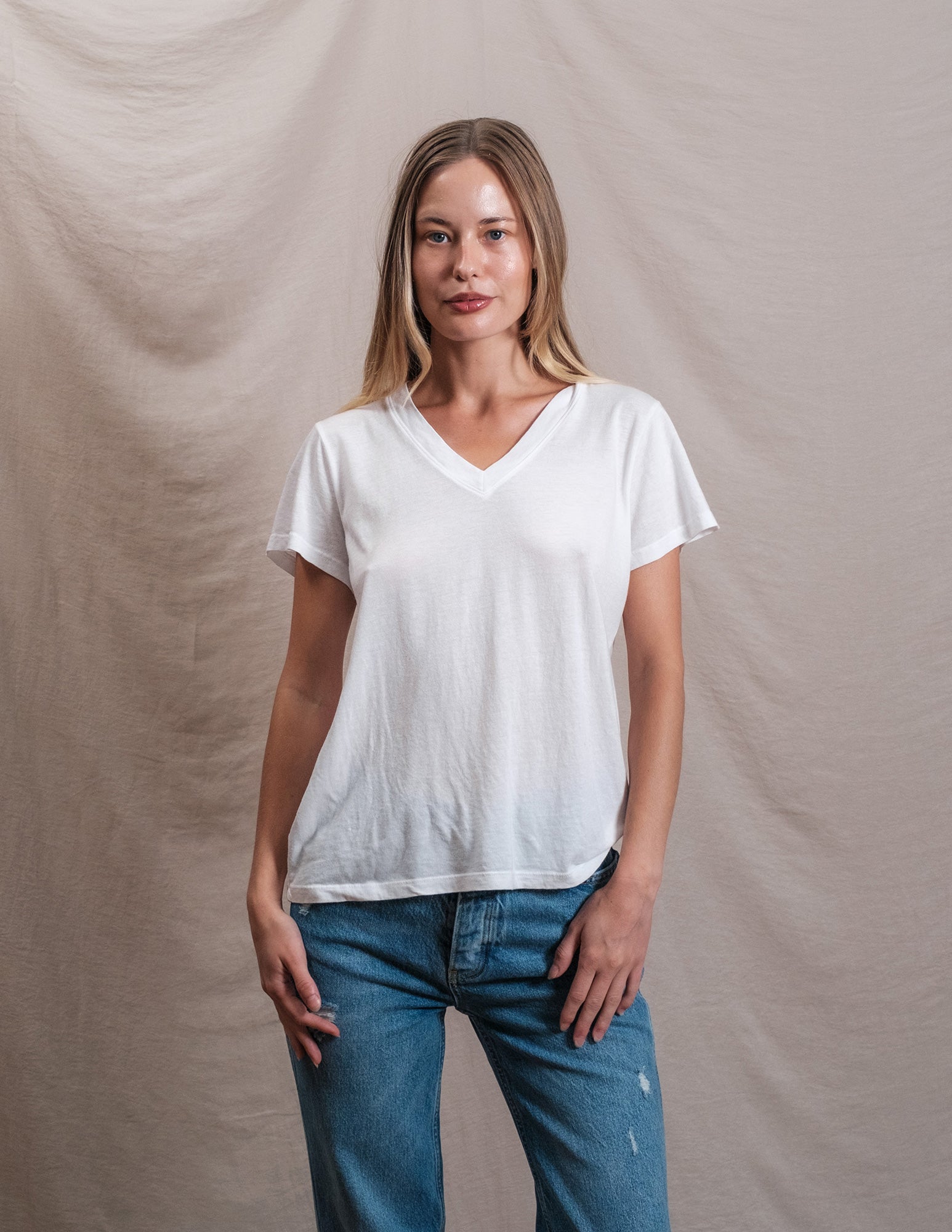 Butter Soft Short Sleeve V Neck in White
