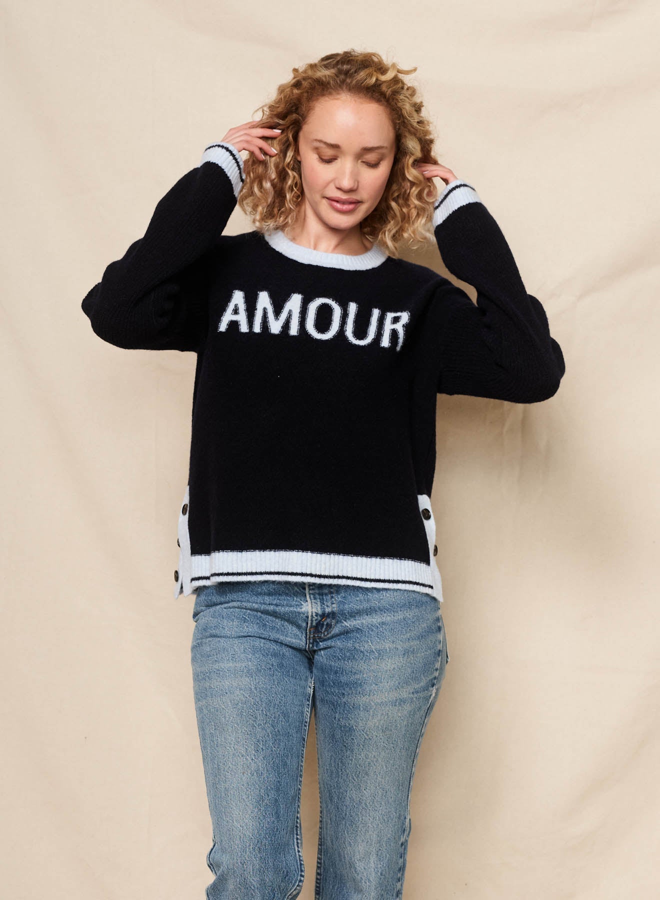 Sundry Amour Intarsia Sweater with Button Side Slits in Deep Navy