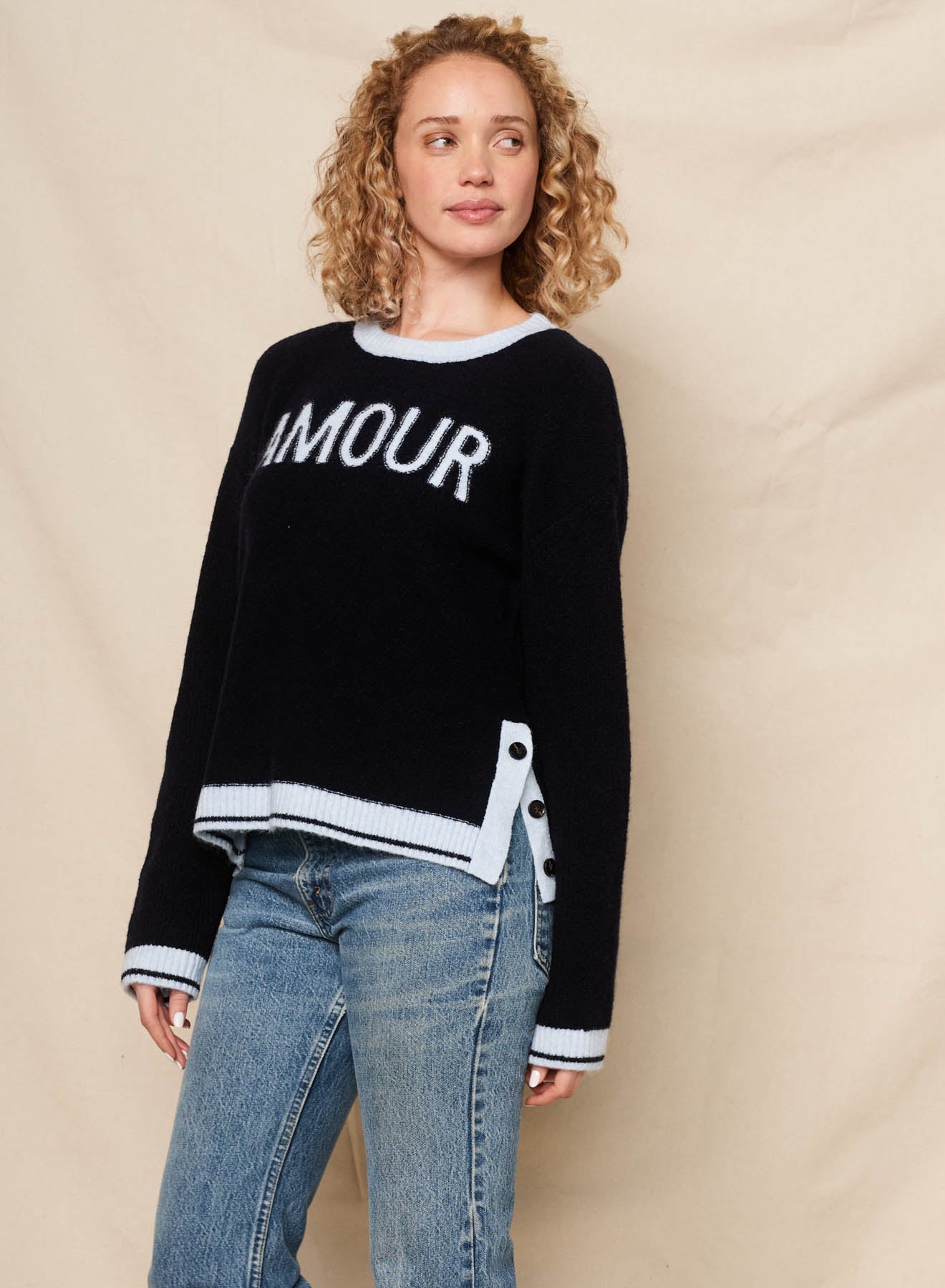 Sundry Amour Intarsia Sweater with Button Side Slits in Deep Navy