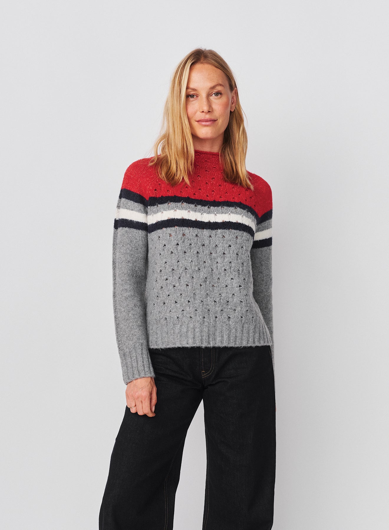 Sundry Funnel Neck with Chest Stripes & Cables Sweater in Heather Grey