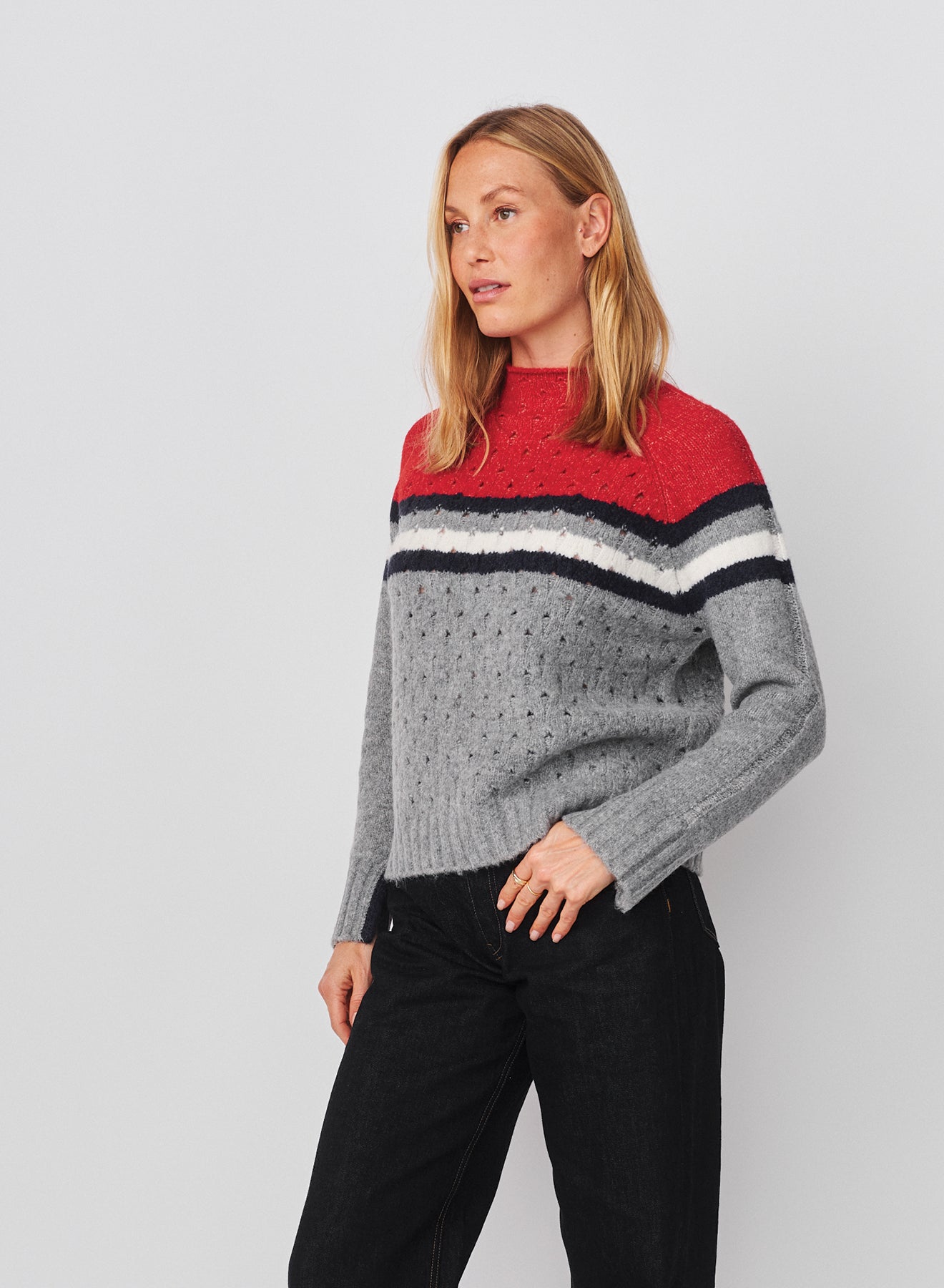 Sundry Funnel Neck with Chest Stripes & Cables Sweater in Heather Grey