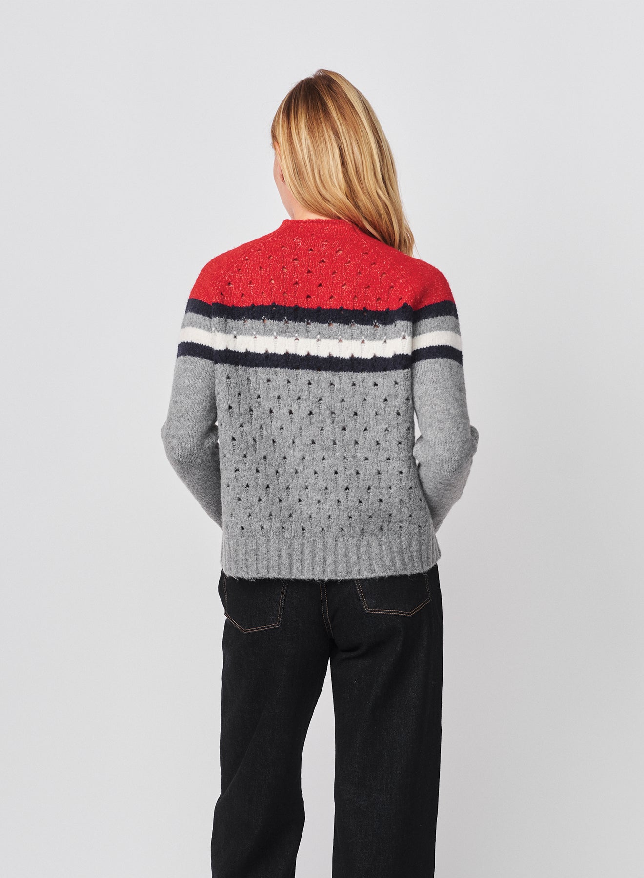Sundry Funnel Neck with Chest Stripes & Cables Sweater in Heather Grey