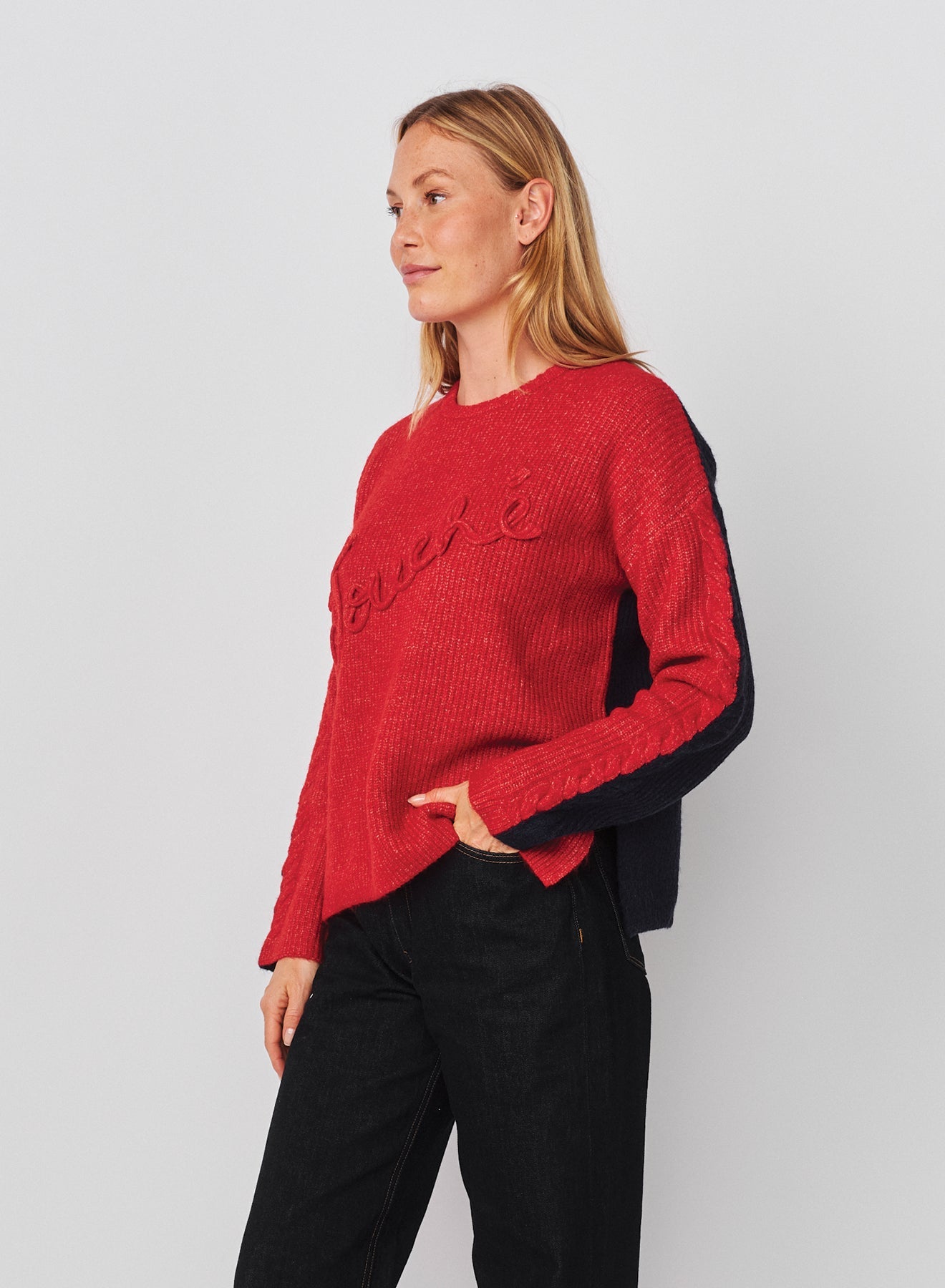Sundry Color Block Tunic with Embroidery Sweater in Vintage Red