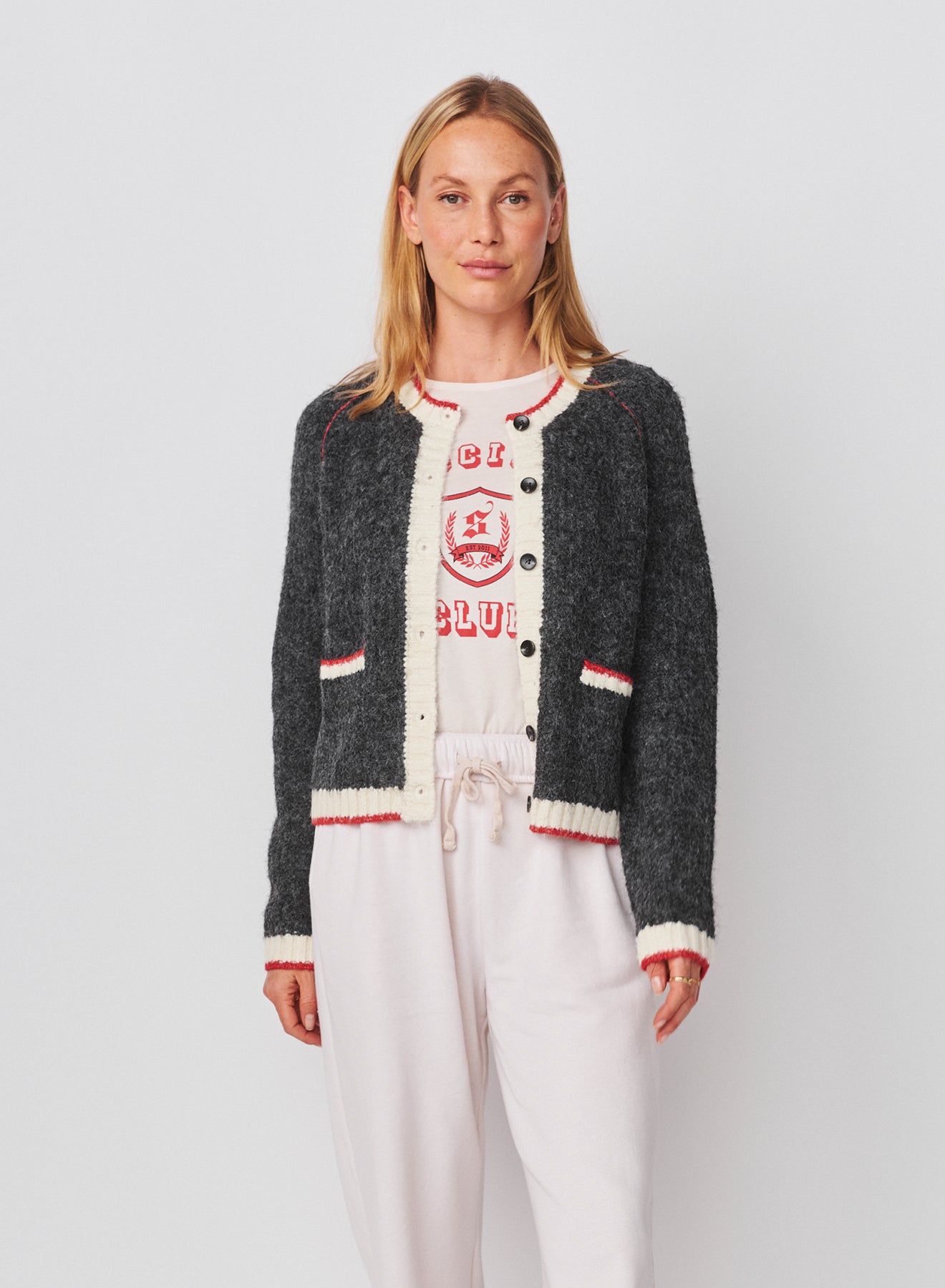 Sundry Raglan Cardigan Sweater with Contrast Tipping in Washed Black