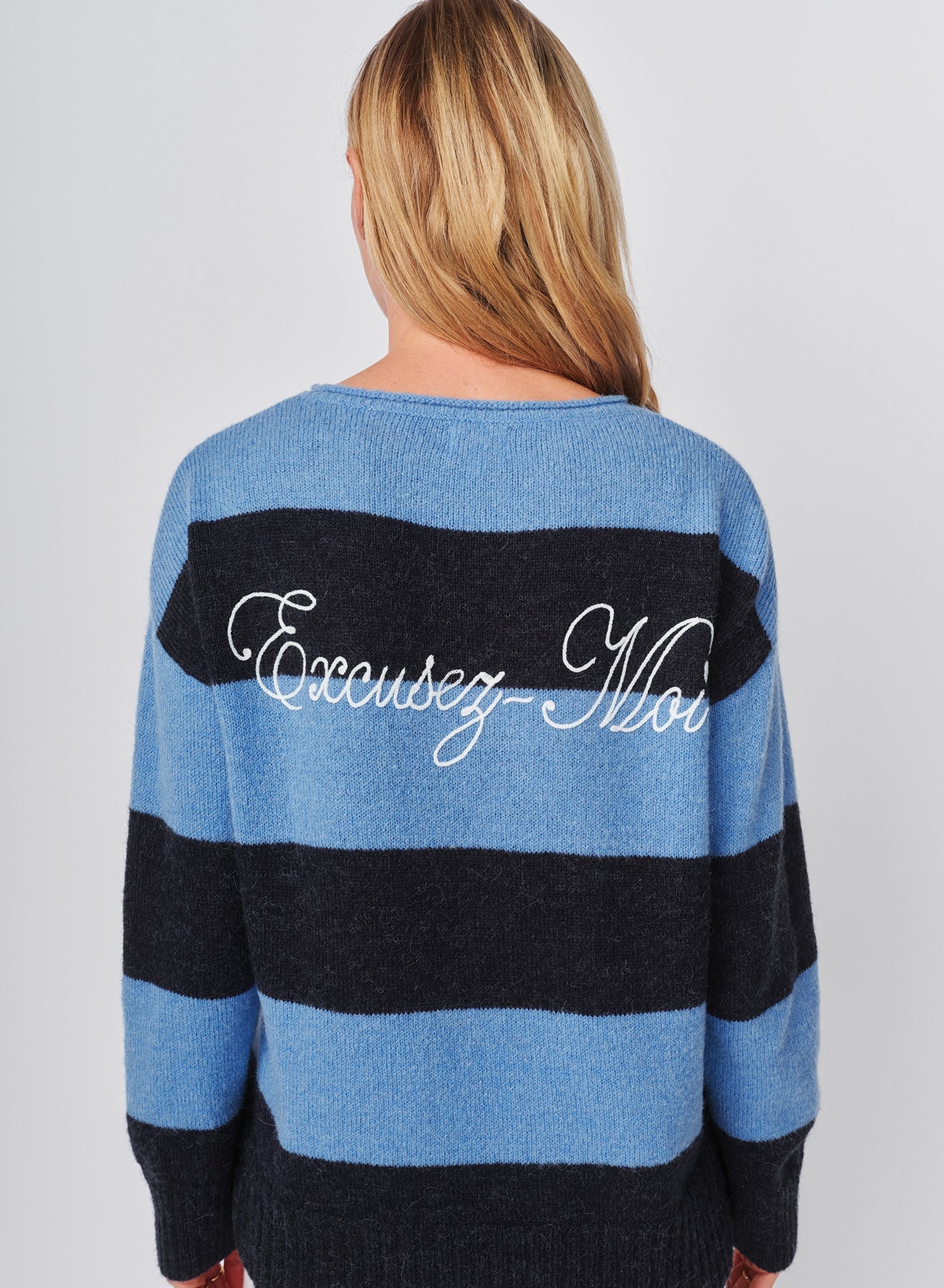 Sundry Bold Stripe Tunic Sweater With Embroidery in Blue Ice
