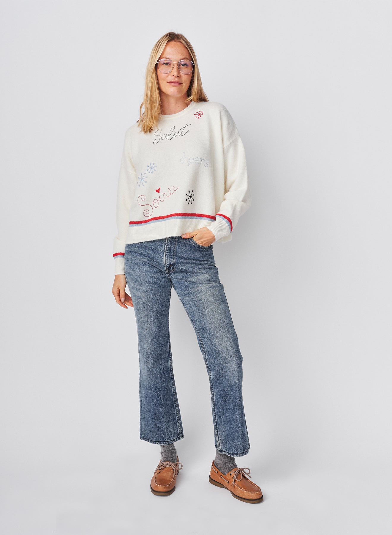 Sundry Embroidered Pullover Sweater in Oyster