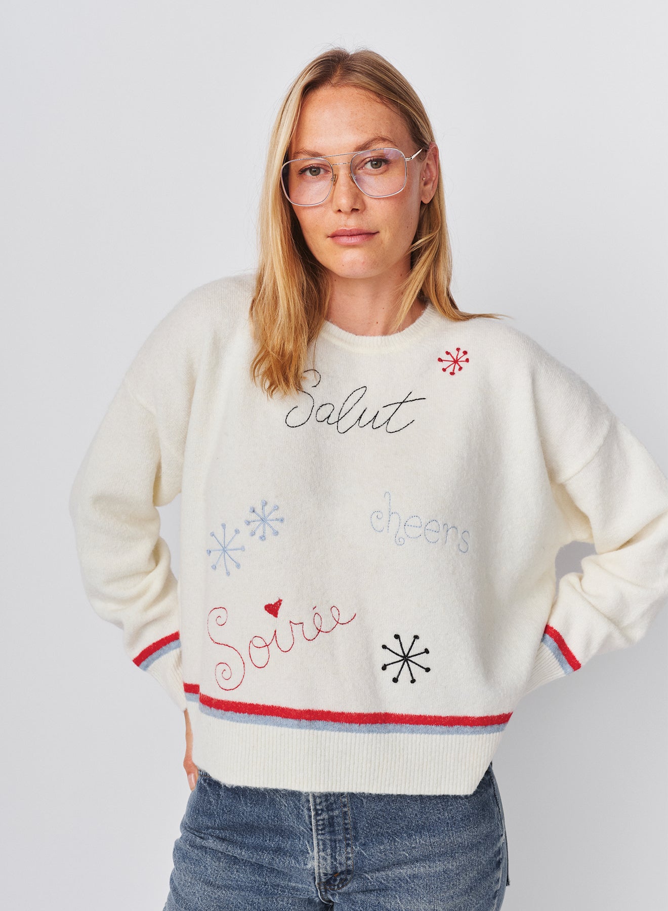 Sundry Embroidered Pullover Sweater in Oyster