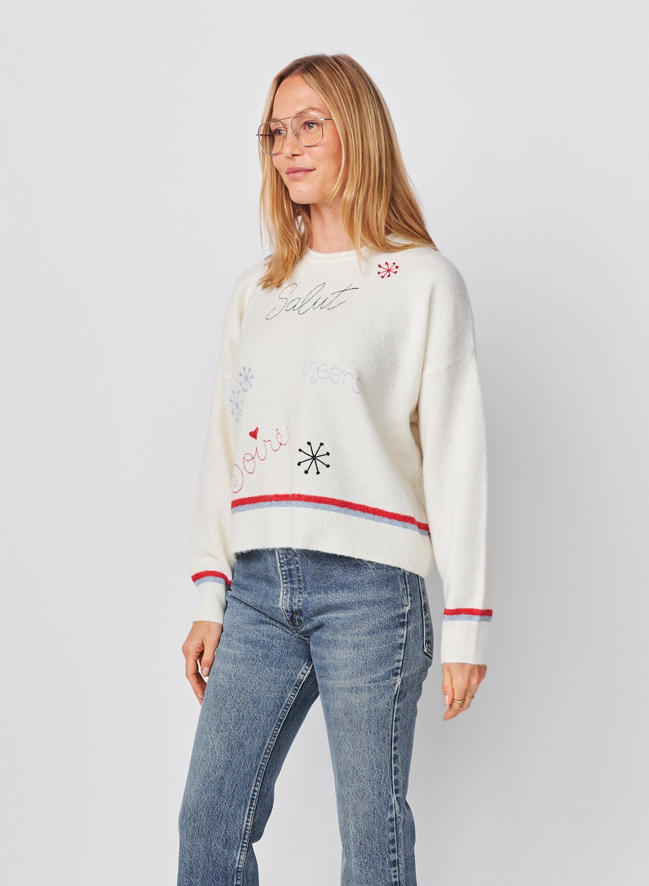 Sundry Embroidered Pullover Sweater in Oyster