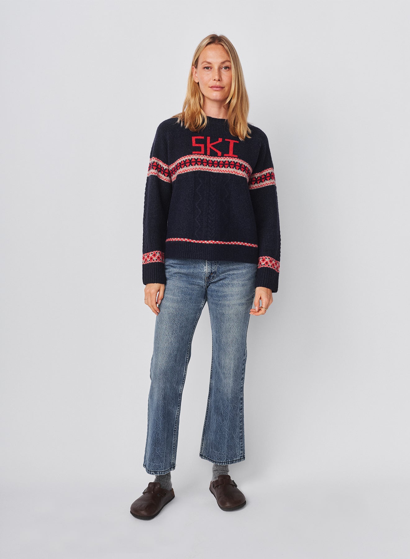 Sundry Jacquard & Cable Pullover Sweater in Deep Navy
