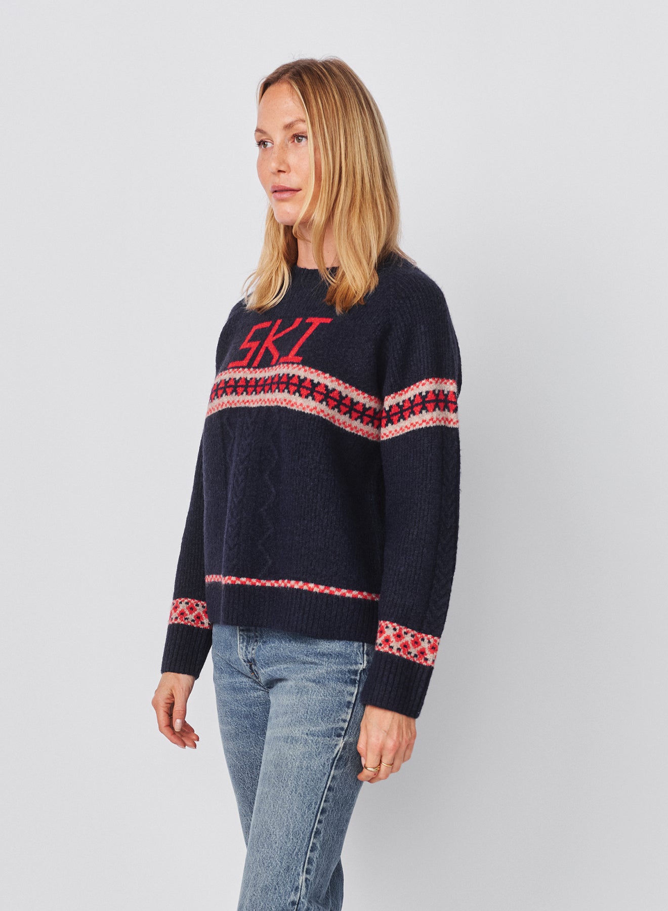 Sundry Jacquard & Cable Pullover Sweater in Deep Navy