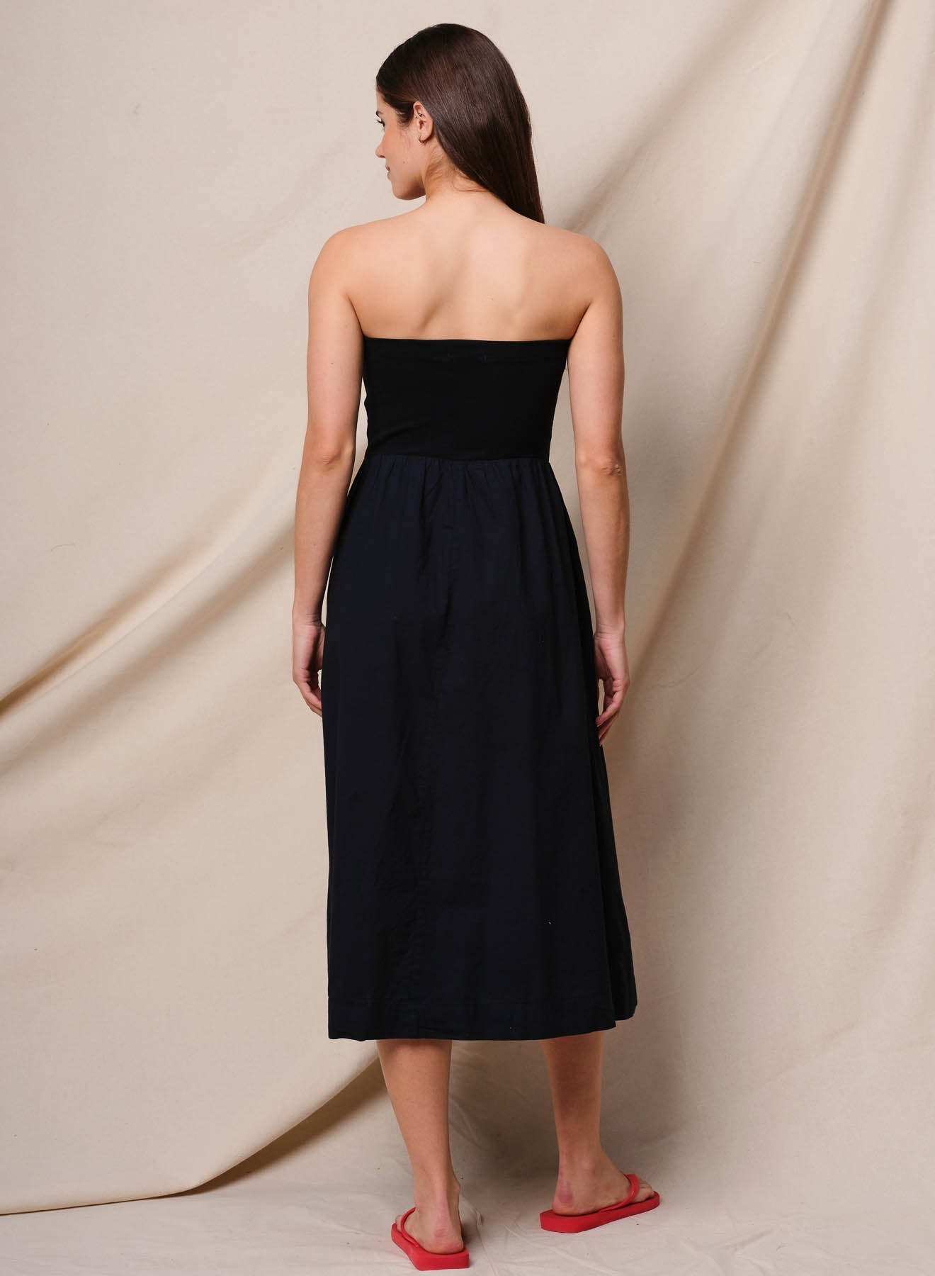 Sundry Mixed Media Strapless Dress in Deep Navy