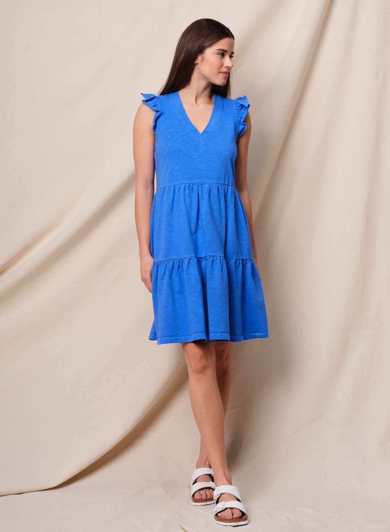 Sundry Tiered Flutter Dress in Lagoon Blue