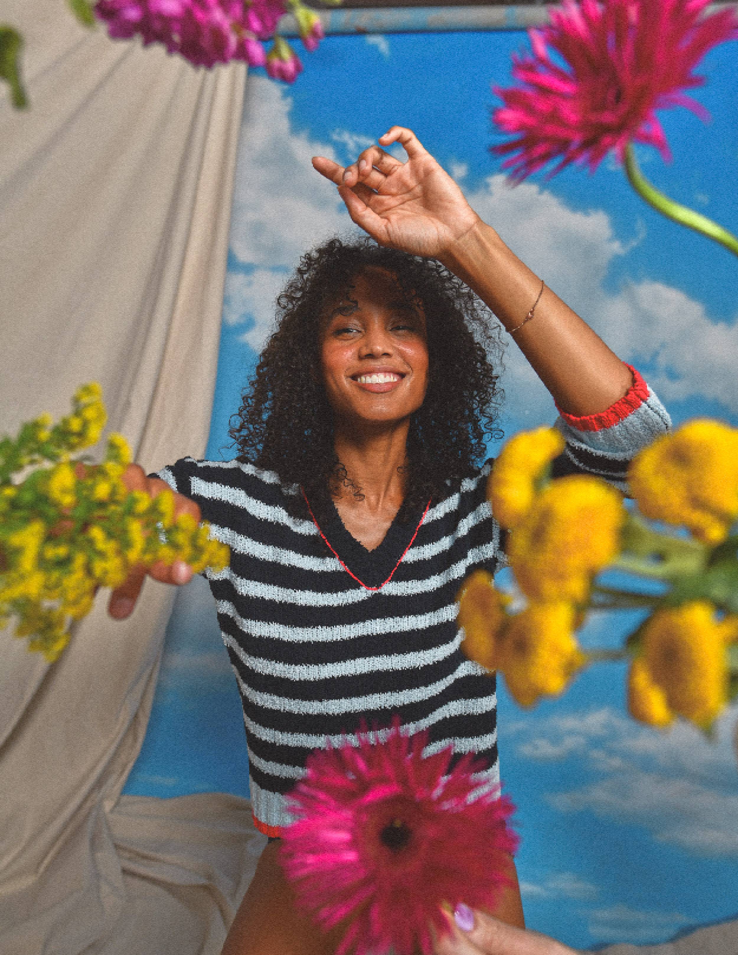 Sundry Heart Embroidery Striped V-Neck Sweater in Deep Navy