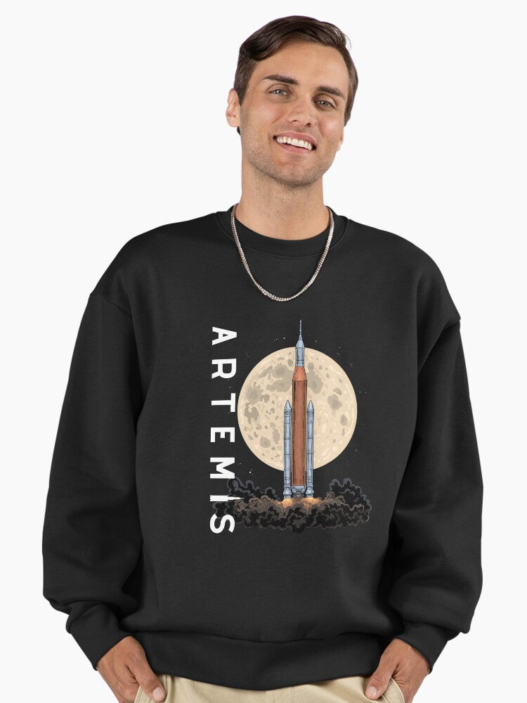 Artemis SLS Rocket Launch Sweatshirt, Moon & Beyond, Oversized Black
