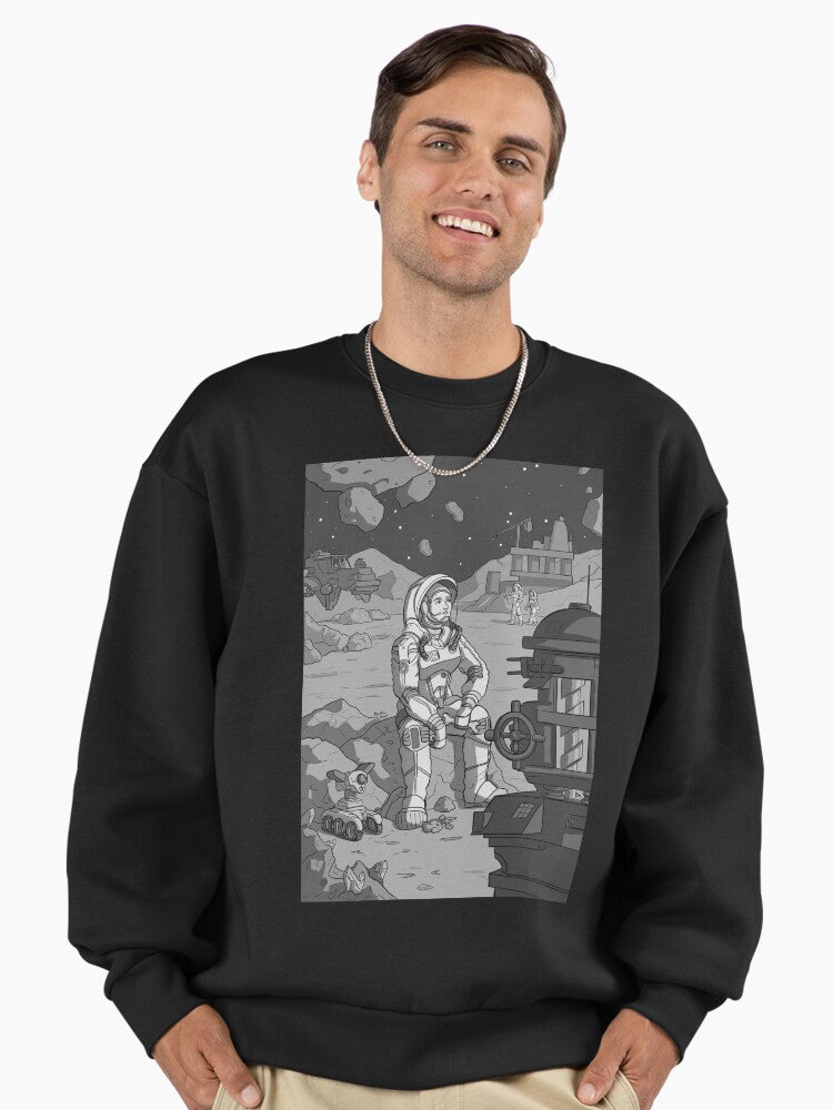 Asteroid Outpost IX - Asteroid Day Premium Oversized Sweatshirt: Sci-Fi Base Black