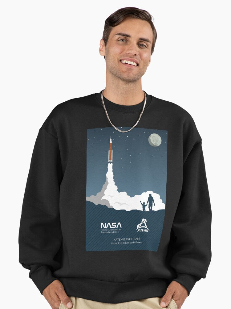 Artemis Program Rocket Launch Sweatshirt, Father Son, Oversized Black