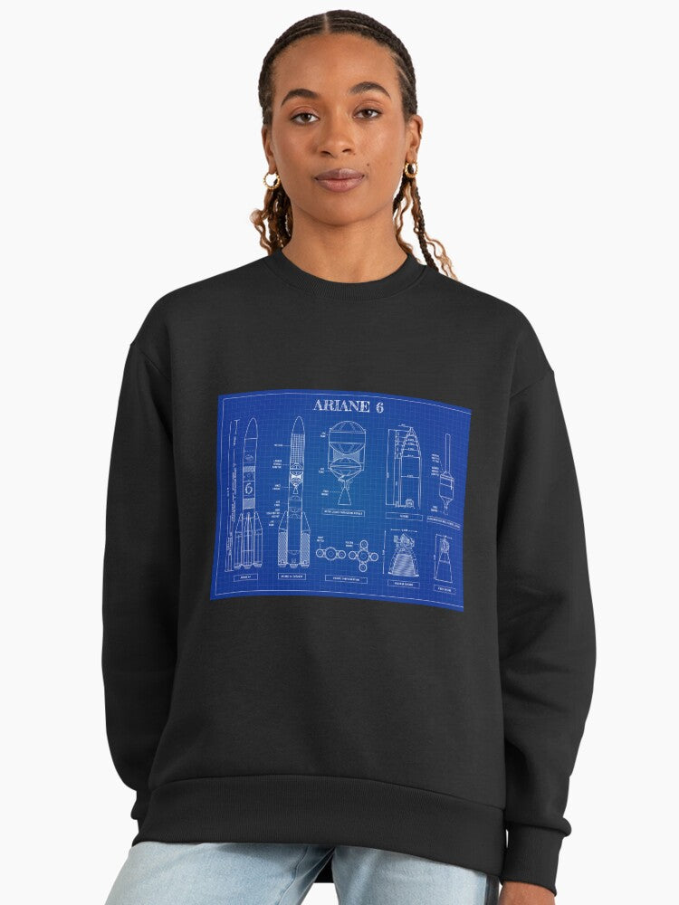 Ariane 6 Blueprint Sweatshirt, Horizontal Design, Oversized Fit Black